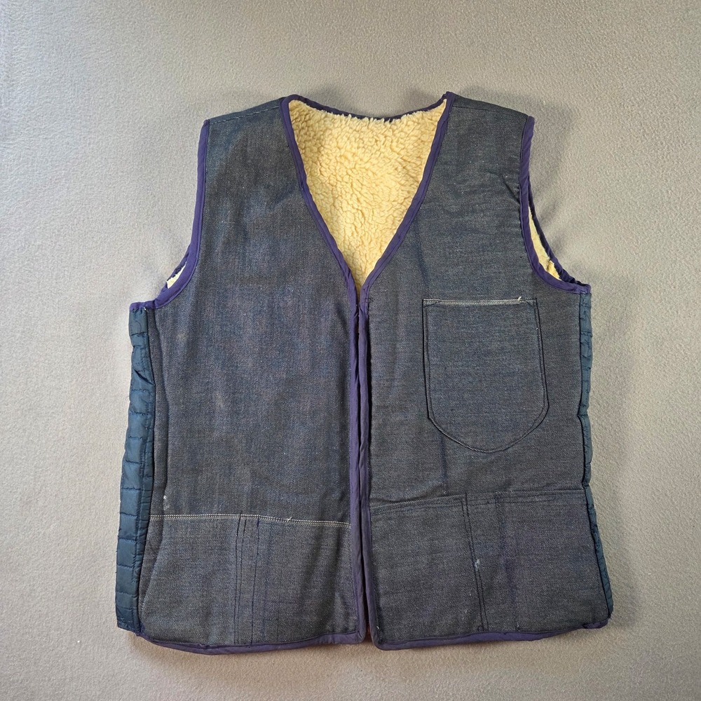 Vintage Denim Jacket Mens Large Vest Workwear Zip Sherpa Lined 70s 80s Custom